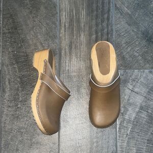 Brown Bjork Swedish Comfort Leather Mules with 2” wooden heel